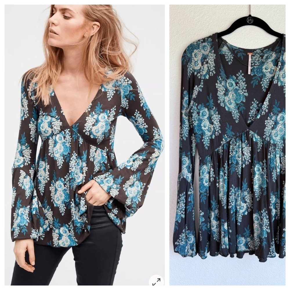 Floral V-Neck Blouse - Black and Blue